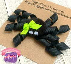 Spider Ribbon Hair Bow - Spider Korker Bow - Halloween Hair Clip This is a cute little spider, perfect for the Halloween. It is made with a pompom and high quality grosgrain ribbon that has been heat sealed to prevent fraying. The spider is about 3 inches across. You get to choose the bow color on the spider. Choices are orange, green or purple. The spider can come attached to a partially lined single prong alligator clip, a double prong alligator clip, an alligator clip with teeth, a french bar Handmade Hair Bows, Toddler Halloween, Ribbon Hair Bows