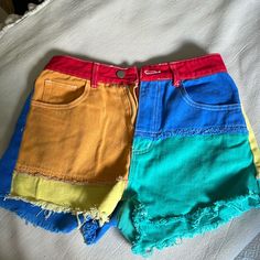 Multicolored Jean Shorts Size S (Us 4) Never Worn Perfect Condition Colorful Casual Bottoms With Pockets, Colorful Summer Cotton Pants, Colorful Cotton Summer Pants, Summer Cotton Color Block Shorts, Trendy Multicolor Color Block Bottoms, Summer Multicolor Cotton Pants, Multicolor Cotton Pants For Summer, Trendy Color Block Short Length Shorts, Multicolor High Rise Cotton Pants