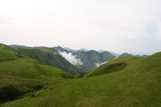 the green hills are covered in clouds and grass