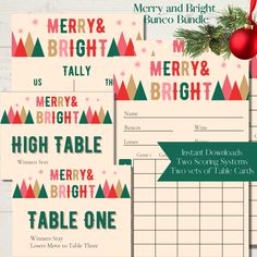 merry and bright christmas printables are on display in front of a wooden table