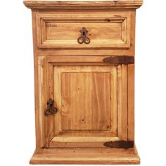 an old wooden cabinet with metal handles on the door and drawer knobs, isolated against a white background