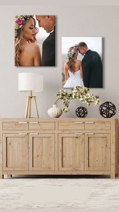 a wooden sideboard with two pictures on it and the words, click to order