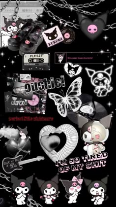 a bunch of different items that are in the shape of hearts and cats on a black background