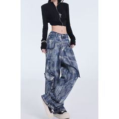 M-184-20 Blue Baggy Bottoms Grunge Style, Blue Baggy Grunge Bottoms, Tie-dye Bottoms With Pockets For Streetwear, Tie Dye Bottoms With Pockets For Streetwear, Oversized Blue Washed Bottoms, Dance Pants Hip Hop, Dyed Jeans, Wide Leg Overalls, Womens Ripped Jeans