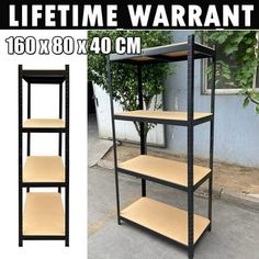 four tiered shelving unit in various sizes and colors with the words, life time warrant