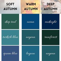 different shades of blue and green with the words warm autumn written in white on them