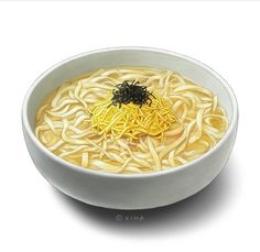 a white bowl filled with noodles and sauce