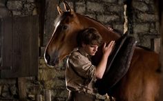 a young man is petting a horse in an old stone barn with brick walls