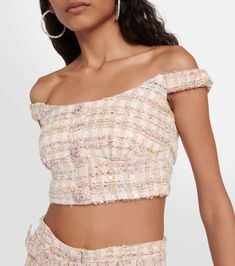 Sequined Boucle Crop Top in Pink - Self Portrait | Mytheresa Color Names, Self Portrait, Beauty Skin, Made In China, Off Shoulder, Color Design, Crop Top, Crop Tops, Zipper