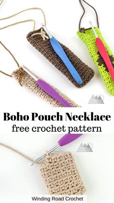 three crocheted pouches are shown with text that reads, boho pouch necklace free crochet pattern