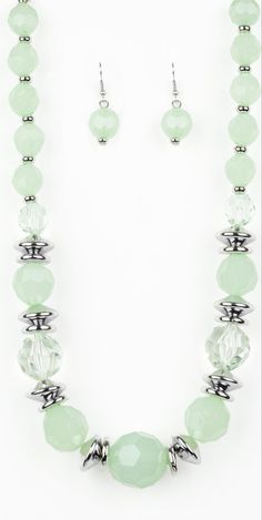 "Dine and Dash" Green Necklace and Earrings: Infused with shimmery silver accents, faceted green beads gradually increase in size as they join below the collar for a refreshing springtime look. Features an adjustable clasp closure. Sold as one individual necklace. Includes one pair of matching earrings. Green Single Strand Jewelry For Party, Single Strand Green Jewelry For Party, Green Faceted Necklace For Party, Green Silver Beaded Jewelry For Party, Green Beads, Accessories Diy Jewelry, Green Necklace, Accessories Diy, Necklace And Earrings