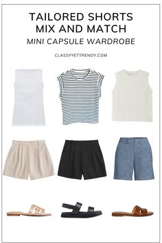 Tailored Shorts Outfit Women Casual, Tailored Shorts Outfit Summer, Classy Shorts, Classic Tailored Shorts For Business Casual, Tailored Chic Shorts For Business Casual, Chic High-waisted Shorts With Belt, Capsule Wardrobe French Style, Maternity Capsule Wardrobe, Neutral Capsule Wardrobe