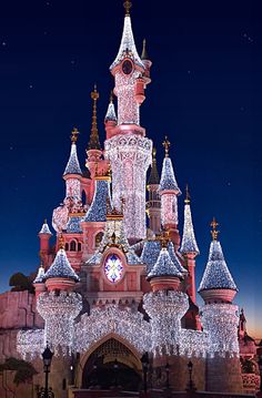 the castle is lit up with christmas lights