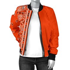 Orange Bandana Women's Bomber Jacket | The Bandana Blanket Company Orange Cotton Streetwear Outerwear, Trendy Orange Streetwear Outerwear, Trendy Orange Outerwear For Streetwear, Orange Windbreaker For Fall Streetwear, Trendy Fall Streetwear Windbreaker, Trendy Fall Windbreaker For Streetwear, Trendy Cotton Windbreaker For Streetwear, Red Bandana Shoes, Bandana Hoodie