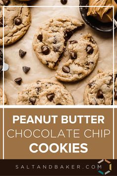 peanut butter chocolate chip cookies with text overlay