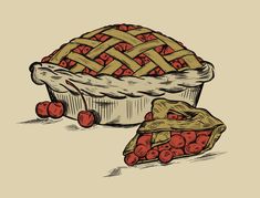 an illustration of a pie and some cherries