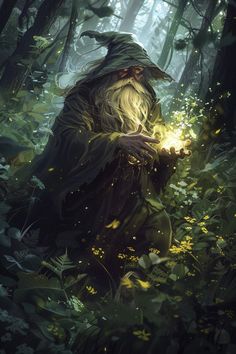 an image of a wizard in the woods holding a glowing wand and looking at something