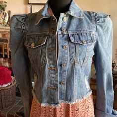 Cropped Denim Jacket. Raw Edge. Puffed Sleeves. Button Down Front. Brand New. Purchased Online. Its A Size Small But Still Big For My Frame. Relatively Soft And Not Stiff Like Some Denim Can Be. Like Seem On Tamera On Housewives Of Orange County Fall Denim Blue Vest With Buttons, Fitted Dark Wash Denim Jacket For Day Out, Fitted Denim Jacket For Day Out, Spring Medium Wash Denim Jacket With Button Closure, Medium Wash Denim Jacket With Button Closure For Spring, Spring Denim Jacket In Medium Wash, Light Wash Denim Jacket With Buttons, Cotton Denim Jacket With Buttons For Day Out, Fitted Medium Wash Denim Jacket For Day Out