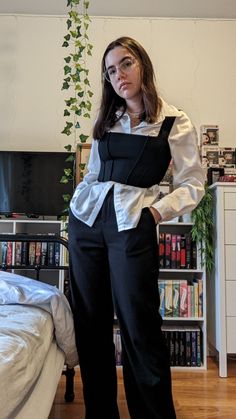 Style Black Button Up Shirt, Black Corset On White Shirt, Corset Top Over Button Up, Button Down Corset Outfit, Dress Shirt And Corset Outfit, Black Top Layered Outfit, Corset Formal Outfit With Pants, Button Up Shirt With Corset Outfit, Outfits White Button Up