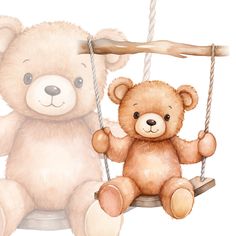 two teddy bears are sitting on a swing