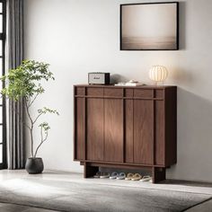 a wooden cabinet with shoes on it next to a plant in a vase and window