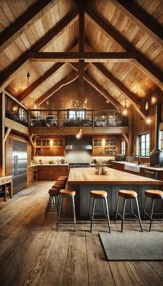 a large kitchen with wooden floors and vaulted ceiling