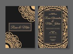 a wedding card with an intricate design on the front and back, in black and gold