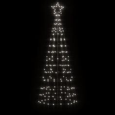 a lighted christmas tree in the dark with white lights on it's top and bottom