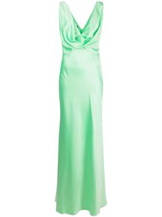 mint green satin finish draped detailing V-back sleeveless straight hem long length Maxi Dress Green, Top Designer Brands, Green Satin, High End Fashion, Tank Dress, Long Length, Satin Finish, Fashion Item, Mint Green