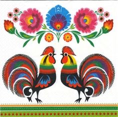 two colorful roosters are standing next to each other in front of flowers and leaves