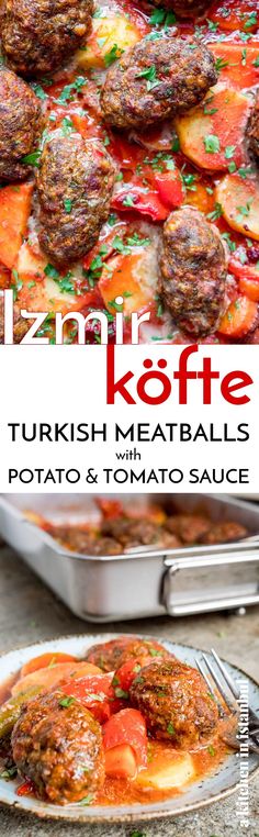 meatballs with tomato sauce in a pan and on a plate next to a serving dish