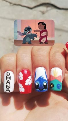 Lilo And Stitch Press On Nails, Lilo And Stitch Nails Acrylic Simple, Lilo And Stitch Inspired Nails, Moana Nail Designs, Easy Stitch Nails, Stitch Themed Nails, Zootopia Nails