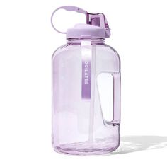 a purple water bottle with a handle on the side and a straw in it's mouth