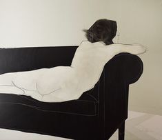 a drawing of a person laying on a couch with their back turned to the camera