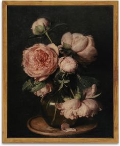 a painting of pink flowers in a vase on a wooden table with a black background