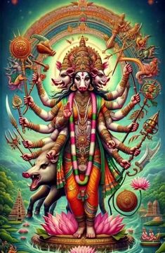 the hindu god is depicted in this colorful painting with flowers and animals on it's body