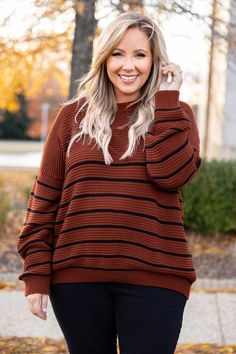 We love this top! It  has a simple stripe pattern with neutral colors you can dress up or down and style for every occasion! It's comfortable for all-day wear, has a relaxed fit to flatter your figure, and can be layered with your favorite outerwear! Simply style this sweater with skinnies and boots for an effortlessly chic look!   55% Acrylic, 45% Cotton Plus Size Boutique Clothing, Plus Size Chic, Chic Soul, Off Shoulder Dresses, Plus Size Boutique, Midi Dress Party, Maxi Dress Party, Chic Woman, Long Blouse