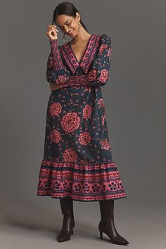 Our favorite mantra for standout style? Prints and repeat. This only-at-Anthro Farm Rio dress features all-over flowers on an A-line midi silhouette. | x Anthropologie Puff-Sleeve V-Neck Midi Dress by Farm Rio, Women's, Size: XS, Cotton Fur Collar Jacket, V Neck Midi Dress, Cotton Pullover, Farm Rio, The Girl Who, The Farm, Purple Dress, Lifestyle Brands, Puff Sleeves