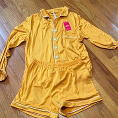 Wait Couture Yellow Pajama Set Size M Long Sleeve Collared Top And Shorts Brand New With Tags Yellow Sleepwear, Yellow Pajamas, Collared Top, Collar Top, Women's Intimates, Yellow White, Pajama Set, Pajamas, Color White