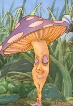 a painting of a mushroom standing in the grass with eyes closed and mouth wide open