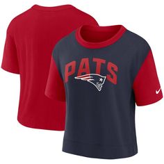 The Nike Red/Navy New England Patriots High Hip Fashion T-shirt is the perfect way to show unwavering support for the Patriots. This cropped tee proudly displays the Patriots logo with screen print graphics, making it a must-have for devoted fans. Crafted from soft cotton, this comfortable and stylish shirt is ideal for game day or any occasion to showcase Patriots pride. Patriots Logo, Nike High, Nike Red, High Hips, Fashion T Shirt, Stylish Shirt, Cropped Tee, Fresh Look, New England Patriots