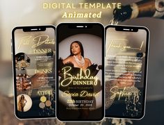 three cell phones displaying an image of a woman in gold and black with the text birthday dinner on them