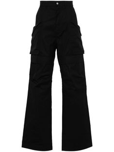 black stretch-cotton straight leg belt loops two diagonal pockets to the sides multiple cargo pockets two rear flap pockets front button and zip fastening Leg Belt, Cargo Trousers, Black Stretch, Rick Owens, Straight Leg Pants, Flap Pocket, Stretch Cotton, Cargo Pants, Black Pants