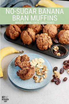 muffins and nuts on a plate next to bananas