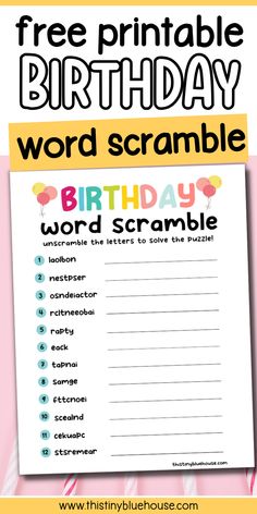 a birthday word scramble is shown with the words free printable for kids to use