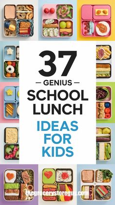 the cover of 37 genius school lunch ideas for kids with pictures of food in them