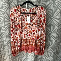 New With Tags, Beautiful And Flowy, Oversized Boho Blouse. Side Medium. Flowy Bohemian Blouse With Vibrant Print, Bohemian V-neck Blouse With Boho Print, Flowy Boho Print V-neck Blouse, Bohemian Long-sleeve Blouse With Boho Print, Bohemian Blouse With 3/4 Sleeve Floral Print, Boho Blouse, Boho Blouses, Billabong, Orange Red