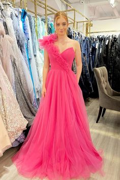 One Shoulder Hot Pink Pleated Long Formal Dress One Shoulder Pleated Bodice Prom Gown, One Shoulder Prom Gown With Pleated Bodice, One-shoulder Prom Gown With Pleated Bodice, Pink One Shoulder Dress For Prom Season, Pink Formal One Shoulder Dress For Prom, Pink One-shoulder Evening Dress For Prom, Pink One-shoulder Prom Gown, Formal One-shoulder Tulle Evening Dress, Gala One-shoulder Tulle Evening Dress