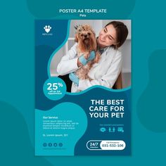 a blue poster with a woman holding a dog in her arms and the words, best care for your pet