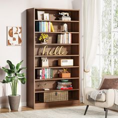 a living room with a chair and book shelf